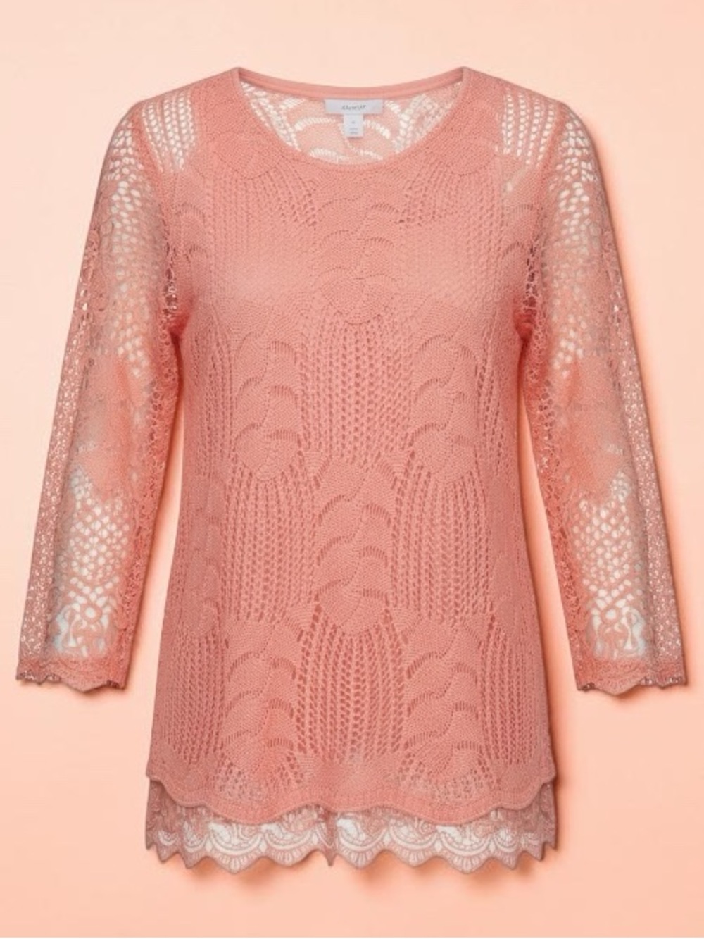 NWT CJ BANKS Crochet Lace Knit Top Long Sleeve Salmon Pink Size 1X